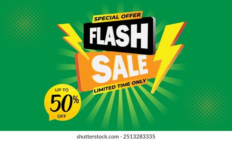 Anuncio de compras de venta flash creativo con trueno hasta un 50 por ciento de descuento, oferta especial, tiempo limitado, diseño de Plantilla de Anuncio negro amarillo verde de las ventas de la campaña de venta flash para las redes sociales y el Sitio web