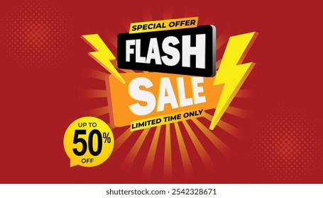 Banner de compras de venda flash criativo com trovão até 50 por cento de desconto, oferta especial, tempo limitado apenas, vendas campanha de venda flash vermelho amarelo preto banner design modelo para mídias sociais e site