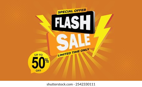 Anuncio de compras de venta flash creativo con trueno hasta un 50 por ciento de descuento, oferta especial, tiempo limitado, diseño de Plantilla negro amarillo anaranjado de la campaña de venta flash para las redes sociales y el Sitio web