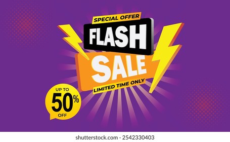 Anuncio de compras de venta flash creativo con trueno hasta un 50 por ciento de descuento, oferta especial, tiempo limitado, diseño de Plantilla de Anuncio negro amarillo púrpura de las ventas de campaña de venta flash para el Sitio web de redes sociales