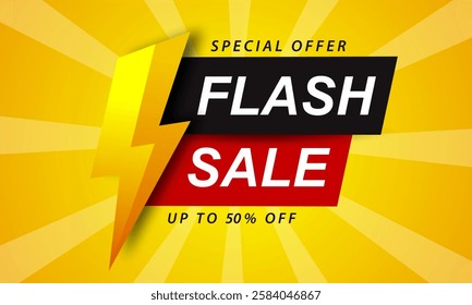 Creative flash sale shopping banner with discount up to 50 percent, special offer, flash sale banner template design for social media and website