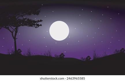Kreative flache Kunst-Illustration der Nachtszene mit Sternen, Bäumen vor der Wiese im Mondlicht.