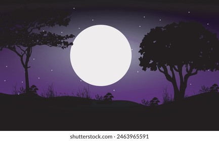Kreative flache Kunst-Illustration der Nachtszene mit Sternen, Bäumen vor der Wiese im Mondlicht.