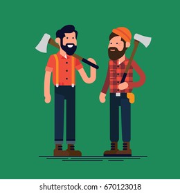 Creative flat character design on lumberjacks. Forestry professionals vector illustration. Tough bearded guys with axes. Loggers or woodcutters concept