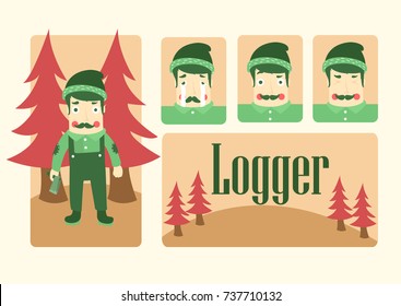 Creative flat character design on lumberjacks. Forestry professionals vector illustration. Tough bearded guys with axes. Loggers or woodcutters concept