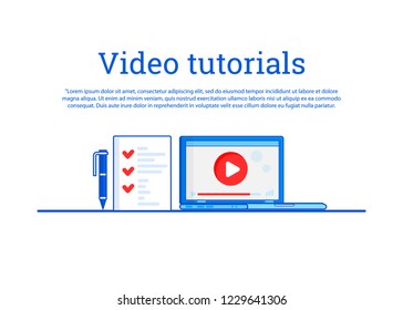 Creative flat concept web banner of Video Tutorial. Online Education. Video conference and webinar. 