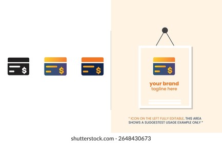 Creative flat credit card icon with dollar sign and bar lines, perfect for illustrating online payments, financial services, fintech apps, and ecommerce solutions.