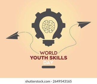 Creative flat design of a brain inside a light bulb with gear and paper planes, symbolizing innovation, knowledge, and youth development for World Youth Skills Day.