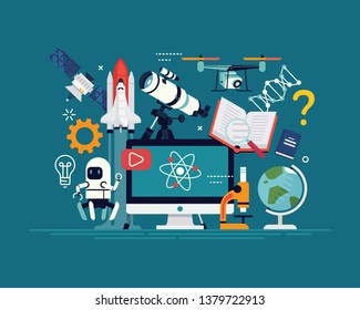 Creative flat design illustration on modern science, engineering, robotics, astrophysics and other disciplines. Ideal for education themed banners, flyers or posters