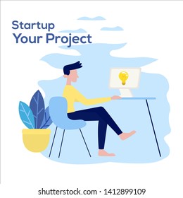 
Creative flat design illustration for creative works. a man does work in a comfortable environment.