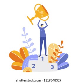 Creative flat design vector concept on businessman hand holding gold cup award icon. Leadership, victory concept. Success and business achievements concept with award cup 