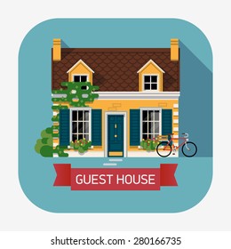Creative Flat Design Web Icon On Countryside Lodging And Accommodation With Beautiful Detailed Guest House Building With Ivy Wall, Blue Window Shutters And Bicycle