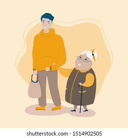 Creative flat design. Young volunteer man caring for elderly woman, Adult man helping and supporting old aged female.