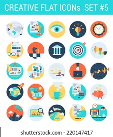 Creative flat icons set business law attorney stock exchange market court process case bank strategy chess target marketing report web click infographics style vector illustration concept collection