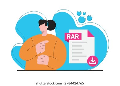 Creative flat illustration featuring a woman with RAR compressed archive file and download symbol.