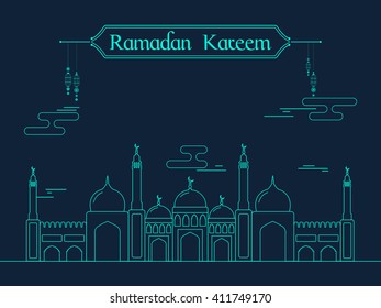 Creative flat illustration of a Mosque on blue background for Islamic Holy Month of Prayers, Ramadan Kareem celebration.