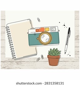 Creative flat lay illustration of office supplies on a wooden background.