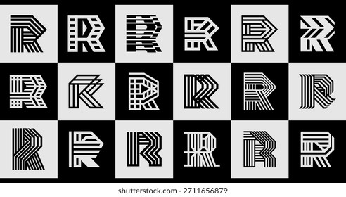 Conjunto de logotipo de letra R abstracta de línea plana creativa