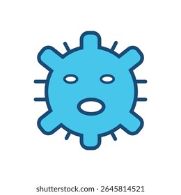 Creative flat line icon of a cartoon-style virus or microbe character with facial expression. Designed in blue color, this icon is ideal for medical, healthcare, pandemic, COVID-19 awareness, biology