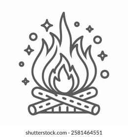 Creative flat line icon of a roaring campfire with vibrant flames and glowing embers perfect for outdoor adventure themes