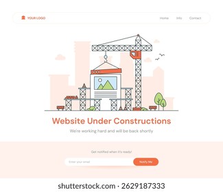 Creative flat line vector of website under construction with crane, scaffolding, and cityscape. Perfect for landing pages or maintenance notifications. Clean and modern design.