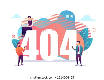 Creative Flat Poster with Tiny People, Male Internet Users, Office Workers, Student and Huge Numbers 404. Requested Page Not Found Error. Foliage Decoration. Vector illustration