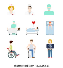 Creative flat style concept vector people icon set for hospital patient medical team checkup fluoroscopy x-ray crutches wheelchair doc nurse. Creative people collection.