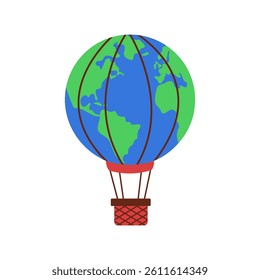 Creative flat style sticker of planet Earth depicted as a colorful hot air balloon. Symbol of freedom, sustainability, and global unity. Isolated on a white background.
