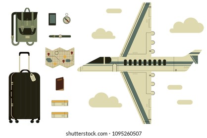 Creative flat vector illustration with air transport & travel symbols. Vector of travel icons with retro airplane, passport, airline boarding pass and room key, sightseeing tour, luggage, phone, bag