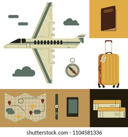 Creative flat vector illustration with air transport & travel symbols. Vector of travel icons with retro airplane, passport, airline boarding pass and room key, sightseeing tour, luggage, phone, bag