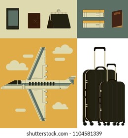 Creative flat vector illustration with air transport & travel symbols. Vector of travel icons with retro airplane, passport, airline boarding pass and room key, sightseeing tour, luggage, phone, bag