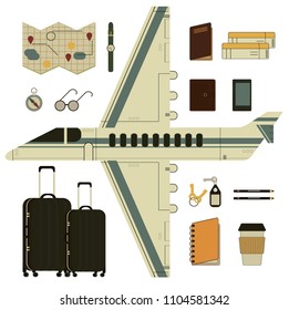 Creative flat vector illustration with air transport & travel symbols. Vector of travel icons with retro airplane, passport, airline boarding pass and room key, sightseeing tour, luggage, phone, bag