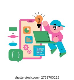 Creative flat vector illustration of a boy with a laptop and a giant smartphone showing data charts and code with a bright lightbulb idea icon, symbolizing mobile app development, innovative thinking, and technology education for children in a professional stock style for digital marketing.