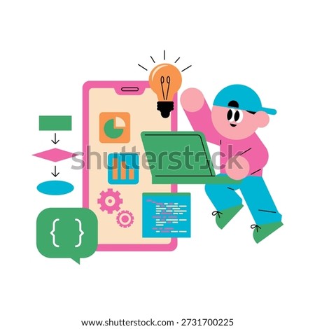 Creative flat vector illustration of a boy with a laptop and a giant smartphone showing data charts and code with a bright lightbulb idea icon, symbolizing mobile app development, innovative thinking, and technology education for children in a professional stock style for digital marketing.