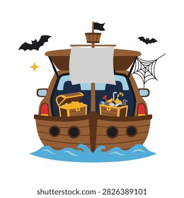 A creative flat vector illustration of a car decorated as a pirate ship for a trunk-or-treat Halloween event, featuring treasure chests, bats, and a spider web.