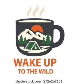 Una Ilustración vectorial plana creativa de una taza de café combinada con un ambiente de camping de montaña. Este diseño minimalista utiliza colores sólidos y líneas limpias, ideal para los amantes del aire libre y la ropa con temática de aventura.