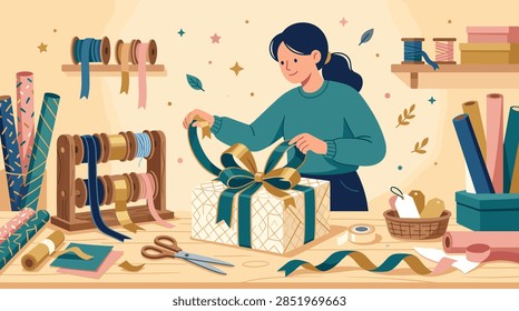 A creative flat vector illustration featuring a female character tying a large bow on a white and gold patterned present. Her workspace is organized with various craft materials including colorful ribbons on spools, rolls of patterned wrapping paper, scissors, adhesive tape, and gift tags in a warm, festive atmosphere.