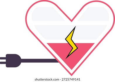 Ilustración vectorial plana creativa de una pila en forma de corazón conectada a un enchufe, que simboliza la recarga del amor, la energía emocional, la pasión y el poder de las relaciones.