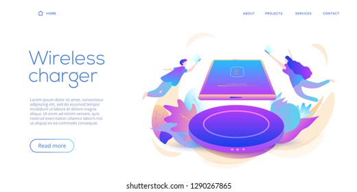 Creative flat vector illustration for inductive smartphone charging device. Mobile wireless charger background. Website landing layout for cordless power station device. Phone battery pad concept.