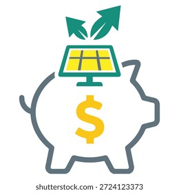 Ilustração criativa de um vetor plano de um mealheiro com um painel solar nas costas, simbolizando economias financeiras através de energia renovável e investimentos verdes. Este design conceitual minimalista representa economia sustentável, energia ecologicamente correta e planejamento financeiro inteligente. Projetado com três cores sólidas e formas geométricas em negrito.
