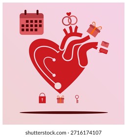 Creative flat vector illustration for Valentines Day featuring a stylized red heart surrounded by romantic symbols such as wedding rings, gift box, calendar, love letter, chat bubble, key, and lock.