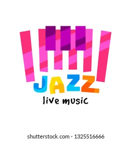 Creative flat vector logo for jazz live concert. Colorful emblem with abstract piano keys and text. Musical theme