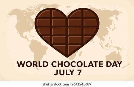 Creative flat vector showing a chocolate heart over a world map for World Chocolate Day, July 7. Great for global celebration and travel-themed designs.