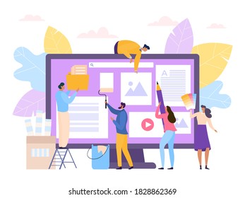 Creative flat web design concept, vector illustration. Business people designer work technology, teamwork graphic internet page. Computer digital banner,interface development at screen.