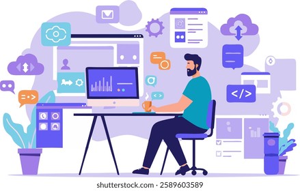 A creative flat-style illustration of a web developer and UI UX designer working on a computer, surrounded by digital interface elements, coding symbols, cloud storage, data analytics, and communicati