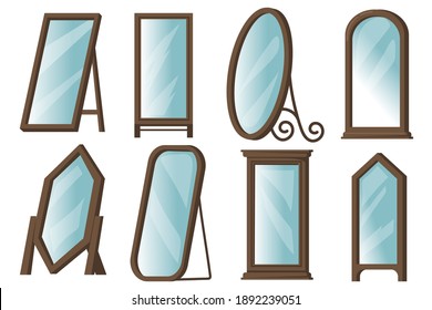 Creative floor mirrors with wooden frames flat item set. Cartoon rectangular or round mirrors for home isolated vector illustration collection. Hallway or bedroom interior design concept
