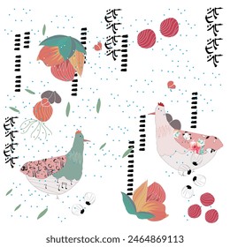 Creative floral and animal pattern in hand drawn style for fashion and decoration style, scarf and pattern design. 