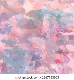 Fondo floral creativo con plantas silvestres, hojas y texturas pintadas a mano. Diseño botánico gráfico romántico para banner, afiche, postal, portada, invitación, pancarta, folleto o un encabezado web.