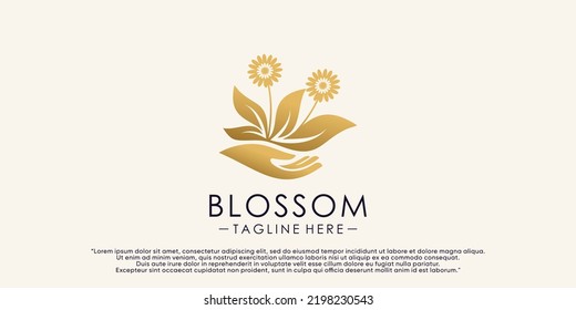 Creative floral blossom logo design template with hand and leaf element Premium Vector