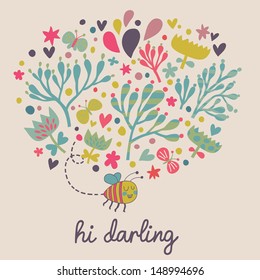 Creative floral card made of bee, flowers and butterflies. Ideal summer design for modern  cards
